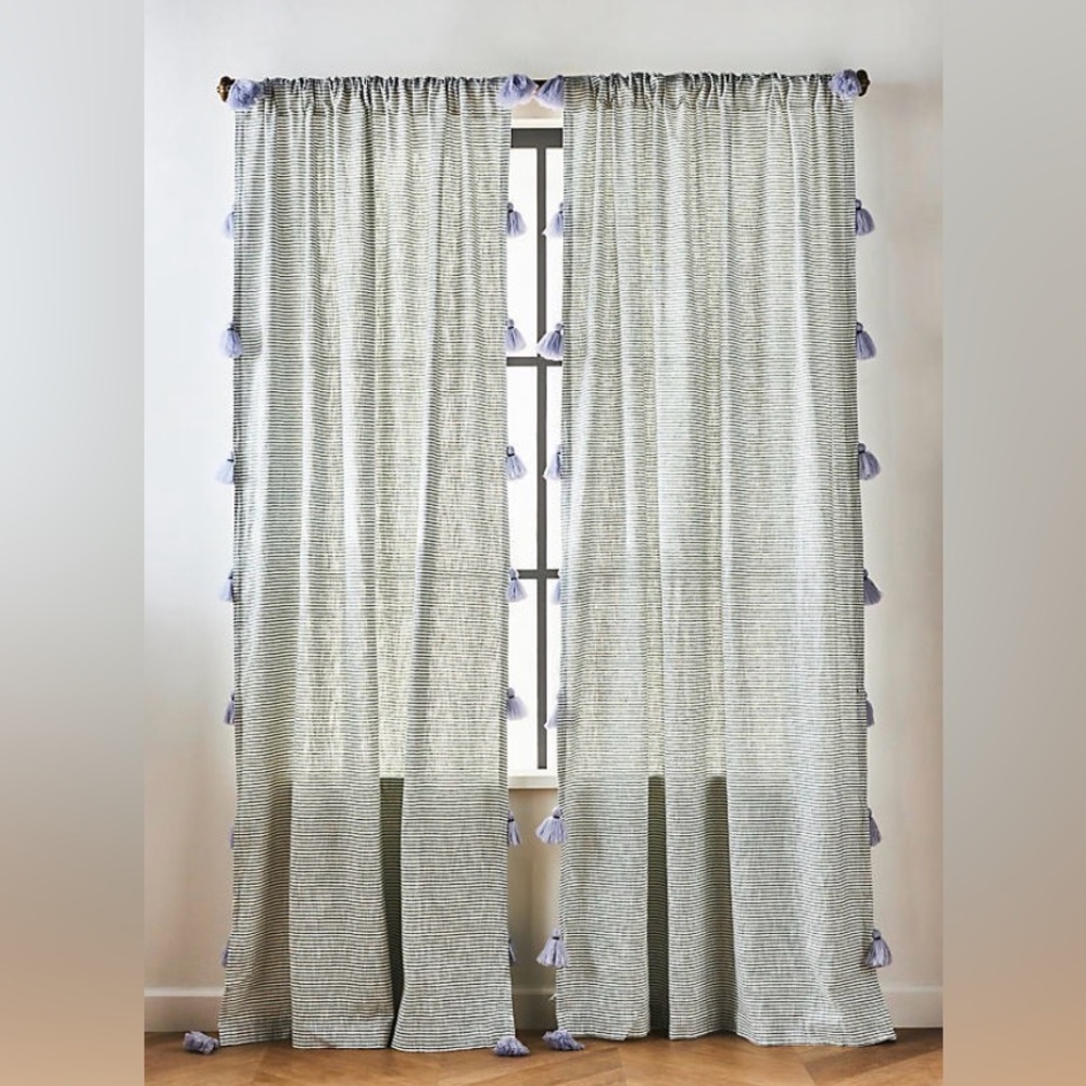 NEW Anthropologie Mindra Stripe Curtain, 50x96”, Green Stripe w/Purple Tassel